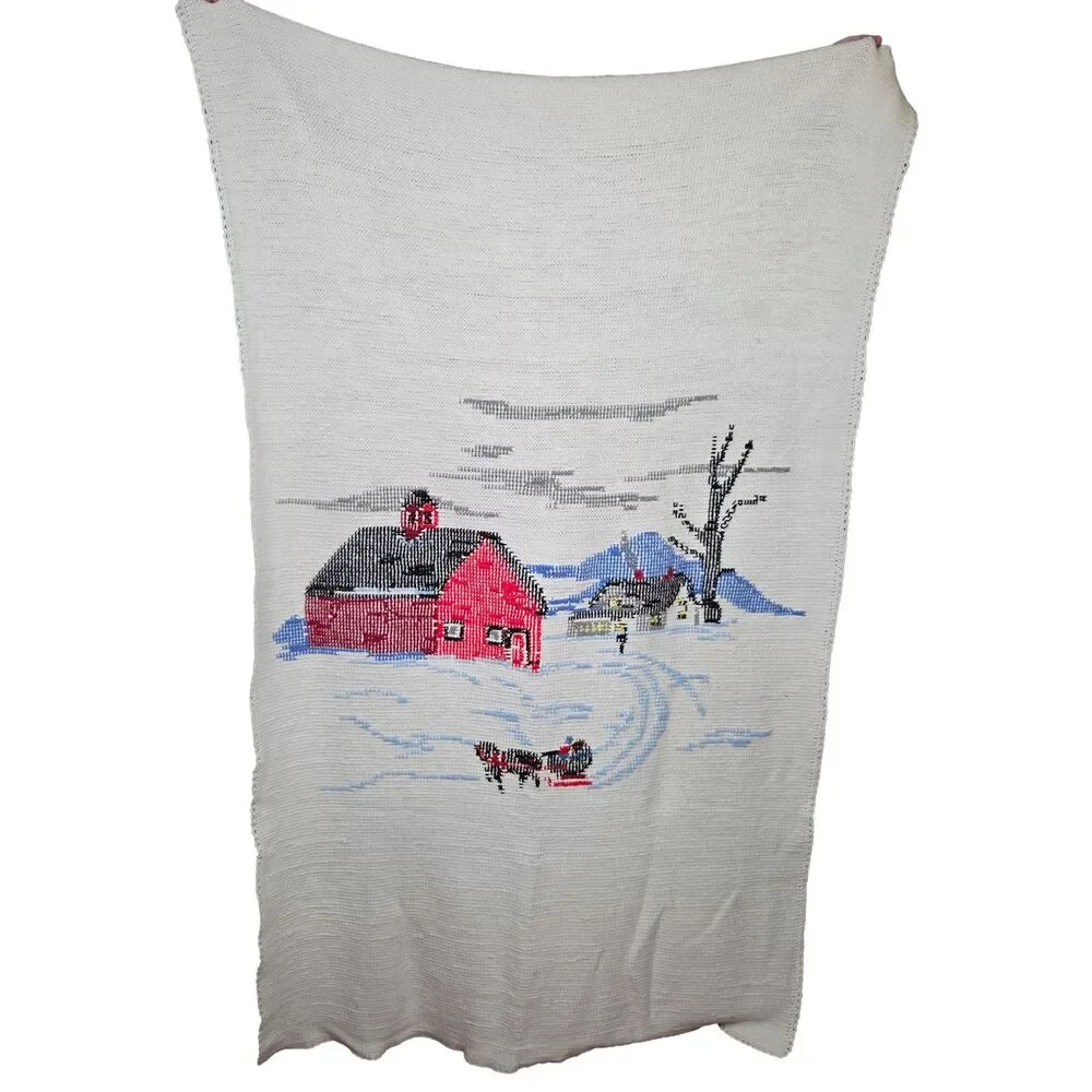 Vtg Handmade Knit Blanket Winter Scene Red Barn Horse Sleigh Throw Afghan 73x46